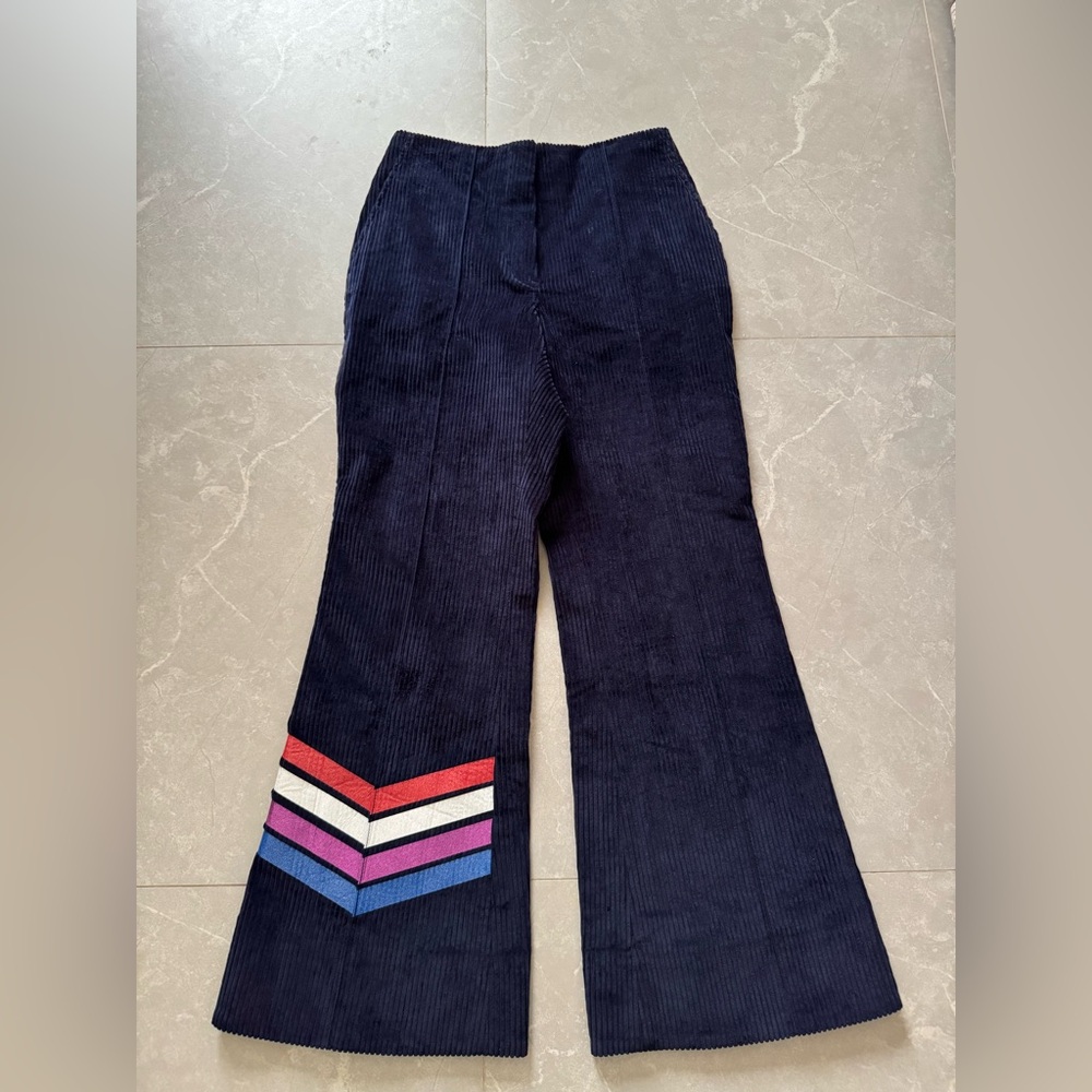 Mira Mikati Designer Navy Corduroy Flare Pants with Pink & Blue Stripes sz 4